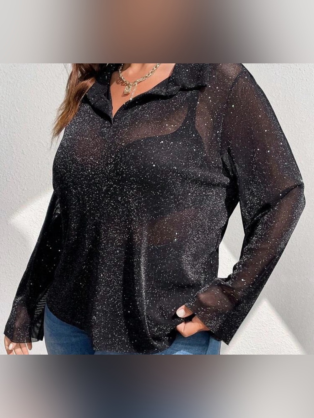 SHEIN curve sparkly sheer top black 0XL